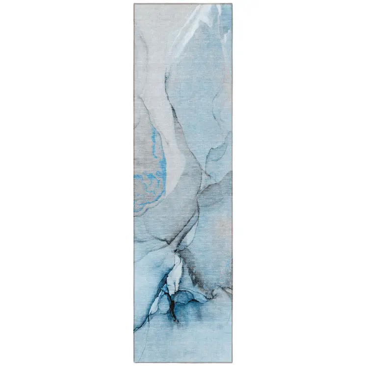 8' Runner Blue and Ivory Abstract Washable Non Skid Indoor Outdoor Runner Rug