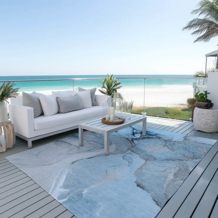 5' X 8' Blue and Ivory Abstract Washable Non Skid Indoor Outdoor Area Rug