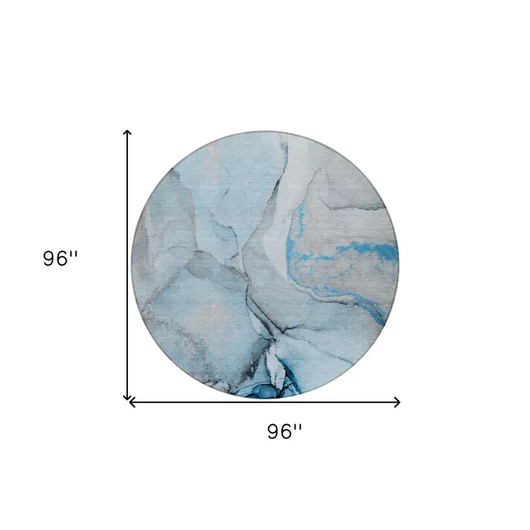 8' Round Blue and Ivory Round Abstract Washable Non Skid Indoor Outdoor Area Rug
