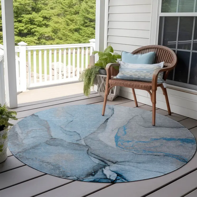 8' Round Blue and Ivory Round Abstract Washable Non Skid Indoor Outdoor Area Rug