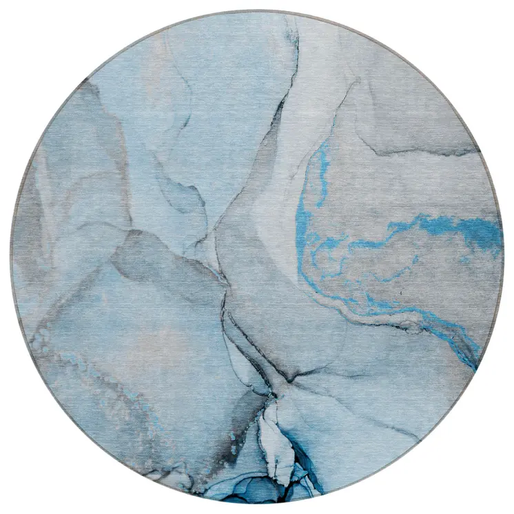 8' Round Blue and Ivory Round Abstract Washable Non Skid Indoor Outdoor Area Rug