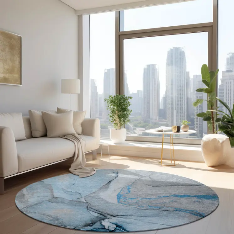 8' Round Blue and Ivory Round Abstract Washable Non Skid Indoor Outdoor Area Rug