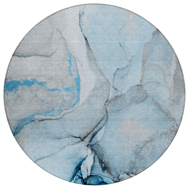 8' Round Blue and Ivory Round Abstract Washable Non Skid Indoor Outdoor Area Rug