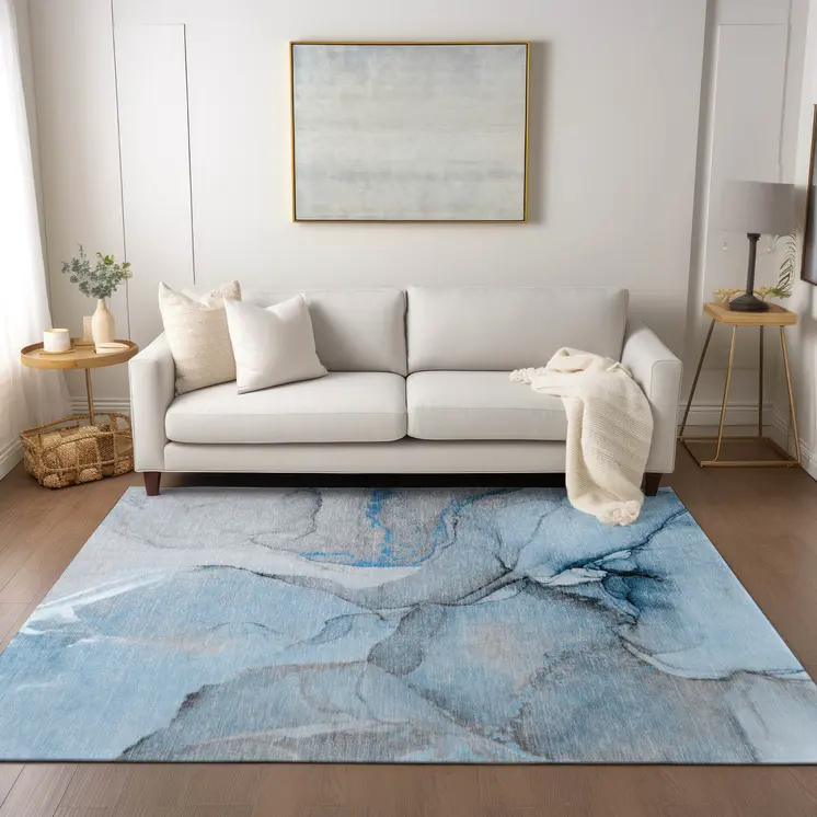 9' X 12' Blue and Ivory Abstract Washable Non Skid Indoor Outdoor Area Rug