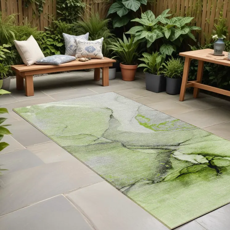 8' Runner Green Abstract Washable Non Skid Indoor Outdoor Runner Rug