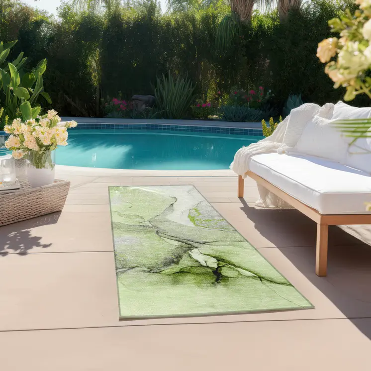 8' Runner Green Abstract Washable Non Skid Indoor Outdoor Runner Rug