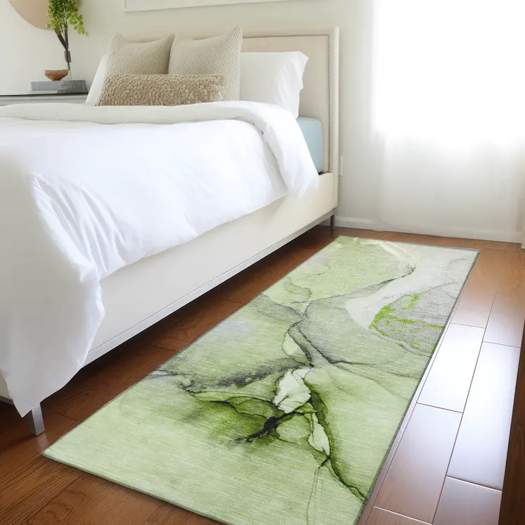 8' Runner Green Abstract Washable Non Skid Indoor Outdoor Runner Rug