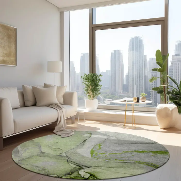 8' Round Green Round Abstract Washable Non Skid Indoor Outdoor Area Rug