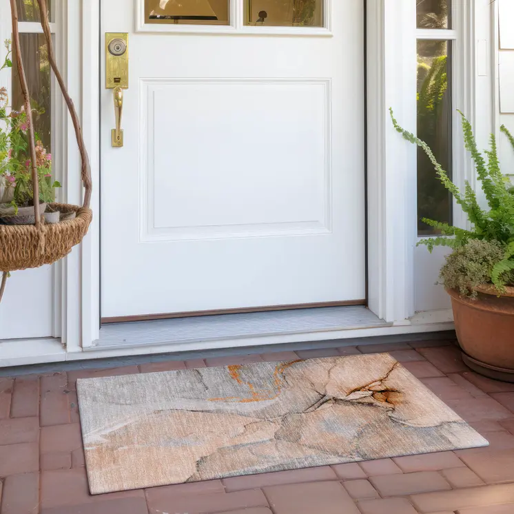 2' X 3' Orange Abstract Washable Non Skid Indoor Outdoor Area Rug