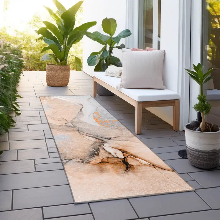 8' Runner Orange Abstract Washable Non Skid Indoor Outdoor Runner Rug