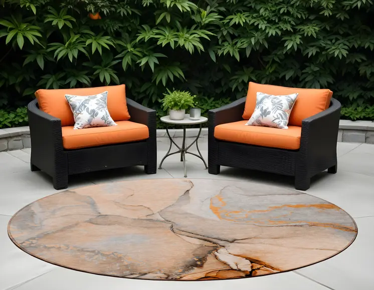 8' Round Orange Round Abstract Washable Non Skid Indoor Outdoor Area Rug