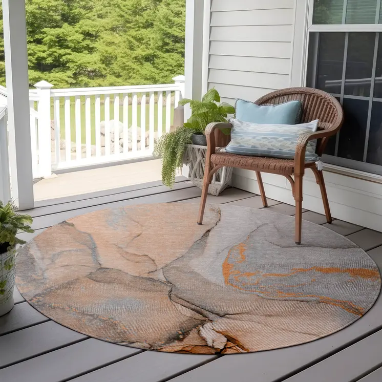 8' Round Orange Round Abstract Washable Non Skid Indoor Outdoor Area Rug