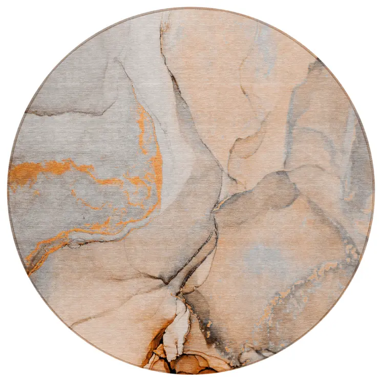 8' Round Orange Round Abstract Washable Non Skid Indoor Outdoor Area Rug