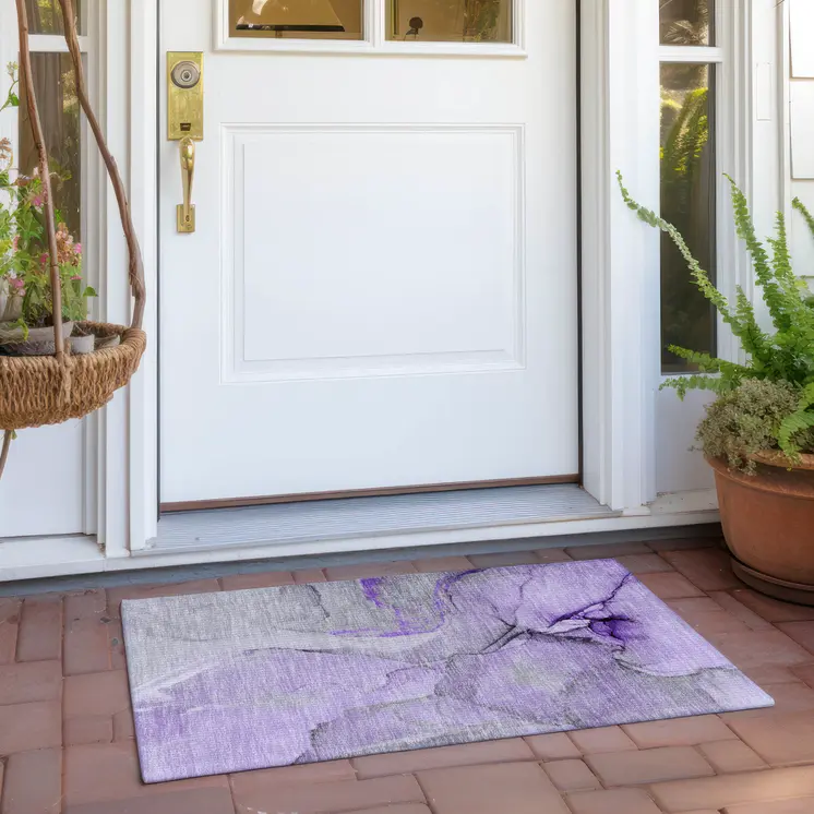 2' X 3' Purple and Ivory Abstract Washable Non Skid Indoor Outdoor Area Rug