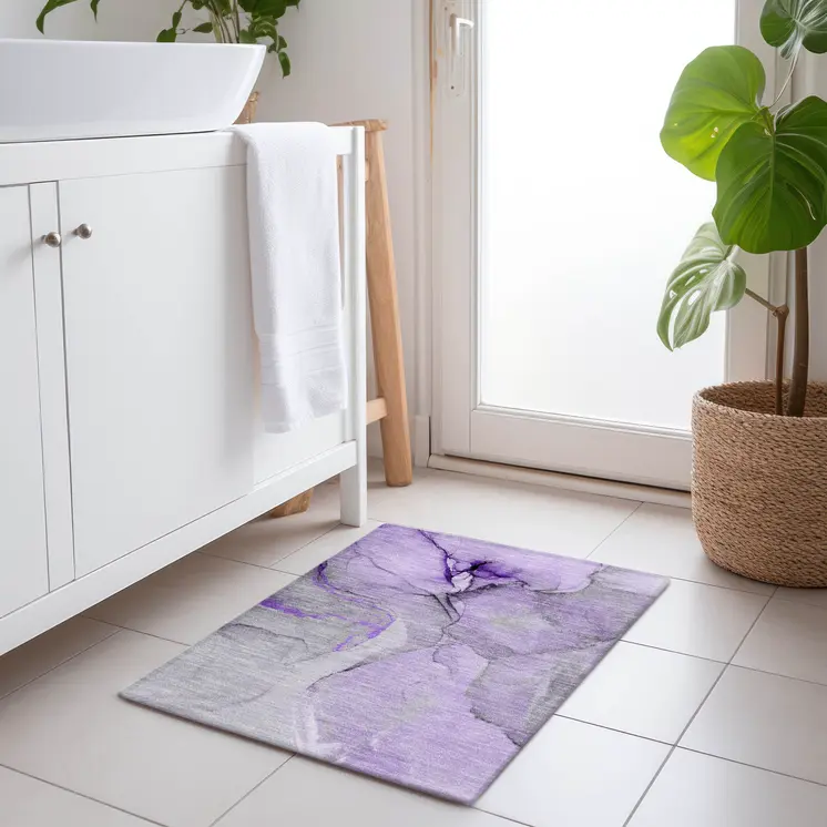 2' X 3' Purple and Ivory Abstract Washable Non Skid Indoor Outdoor Area Rug