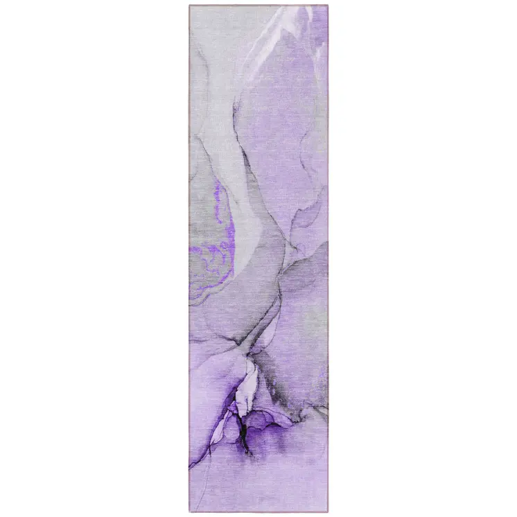 8' Runner Purple and Ivory Abstract Washable Non Skid Indoor Outdoor Runner Rug