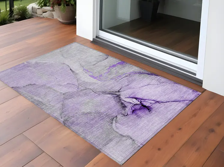 3' X 5' Purple and Ivory Abstract Washable Non Skid Indoor Outdoor Area Rug