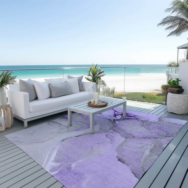 3' X 5' Purple and Ivory Abstract Washable Non Skid Indoor Outdoor Area Rug
