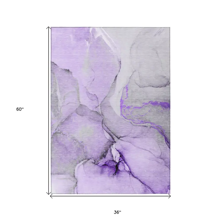 3' X 5' Purple and Ivory Abstract Washable Non Skid Indoor Outdoor Area Rug