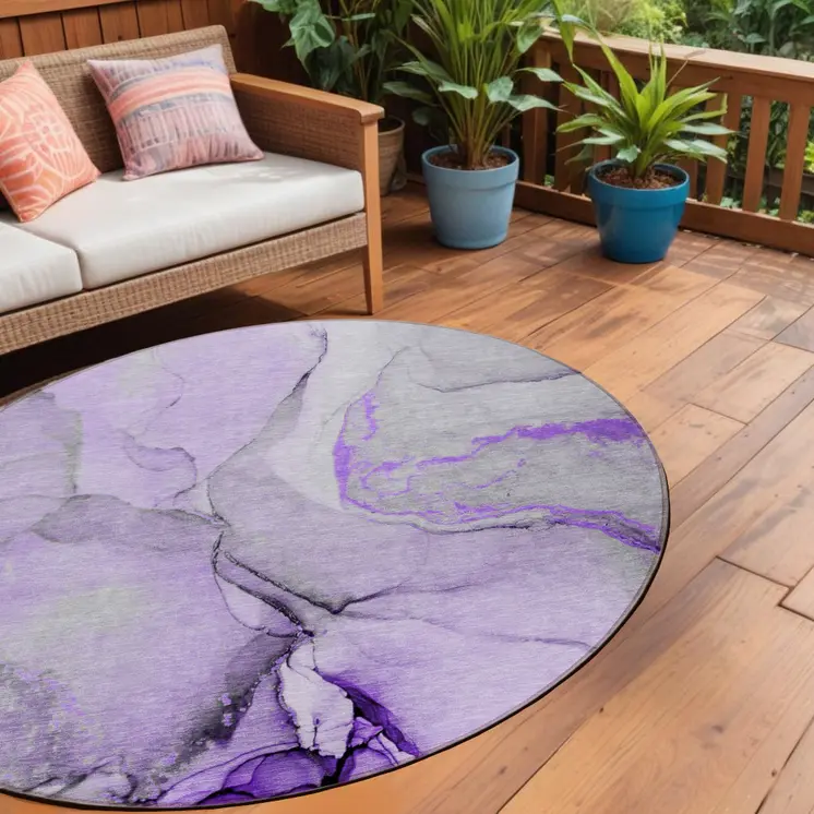 8' Purple And Ivory Round Abstract Washable Indoor Outdoor Area Rug