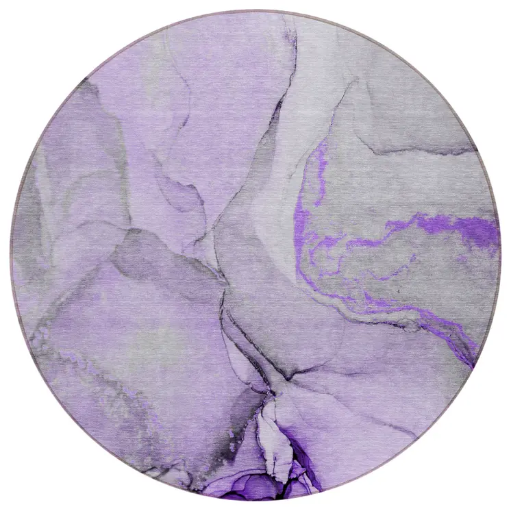 8' Purple And Ivory Round Abstract Washable Indoor Outdoor Area Rug