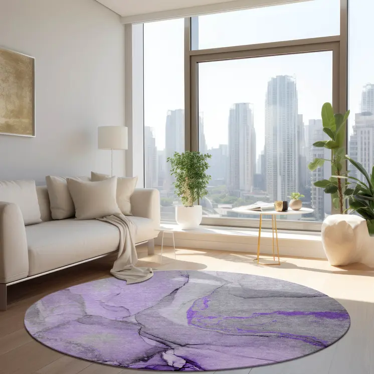8' Purple And Ivory Round Abstract Washable Indoor Outdoor Area Rug