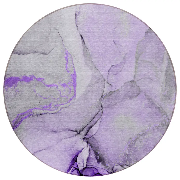 8' Purple And Ivory Round Abstract Washable Indoor Outdoor Area Rug