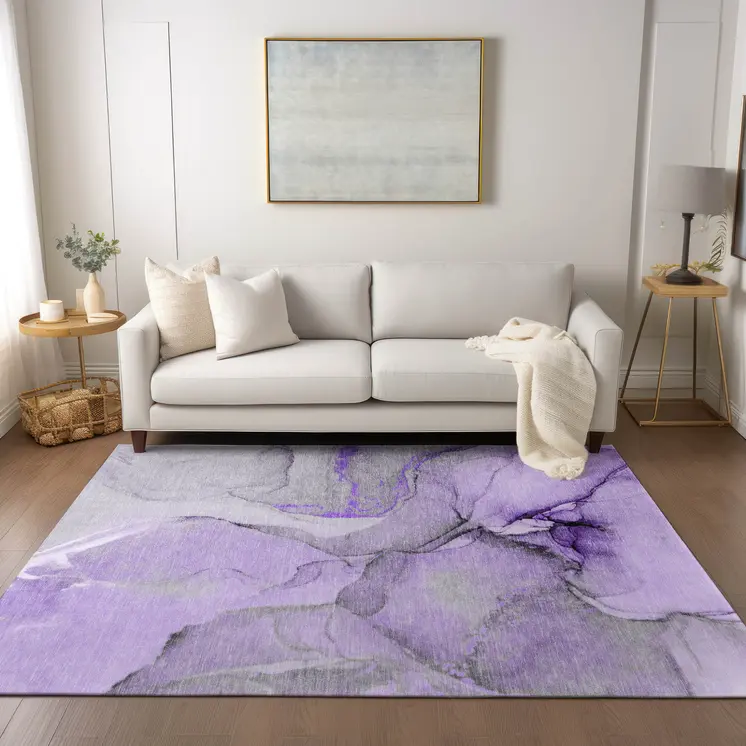 9' X 12' Purple and Ivory Abstract Washable Non Skid Indoor Outdoor Area Rug