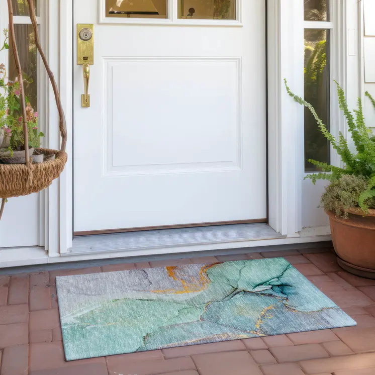 2' X 3' Teal Abstract Washable Non Skid Indoor Outdoor Area Rug