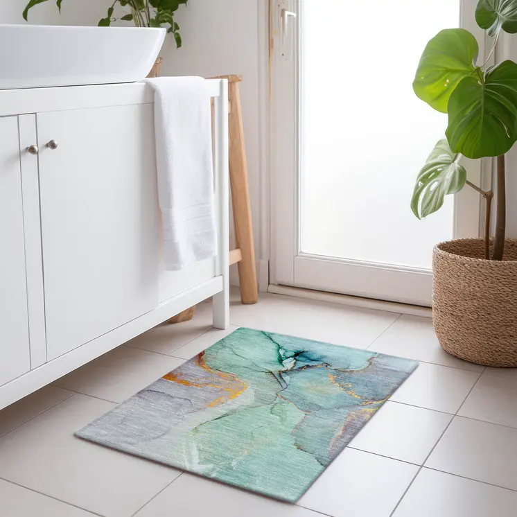 2' X 3' Teal Abstract Washable Non Skid Indoor Outdoor Area Rug