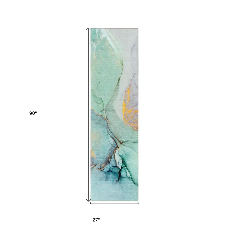 8' Runner Teal Abstract Washable Non Skid Indoor Outdoor Runner Rug