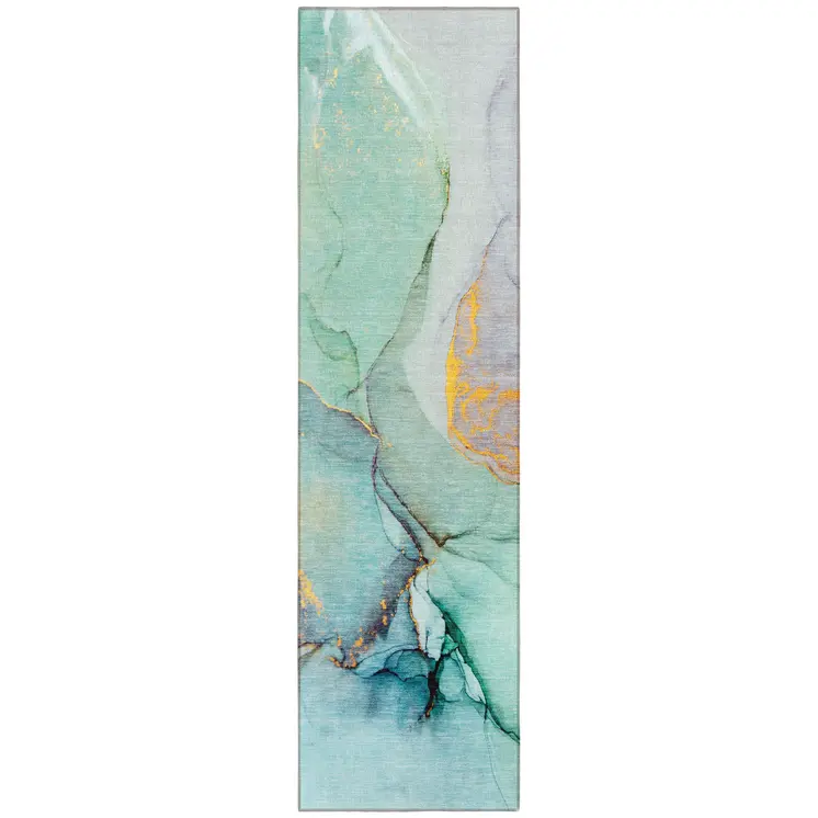 8' Runner Teal Abstract Washable Non Skid Indoor Outdoor Runner Rug