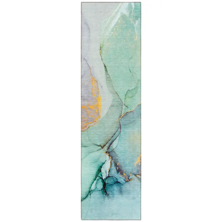 8' Runner Teal Abstract Washable Non Skid Indoor Outdoor Runner Rug