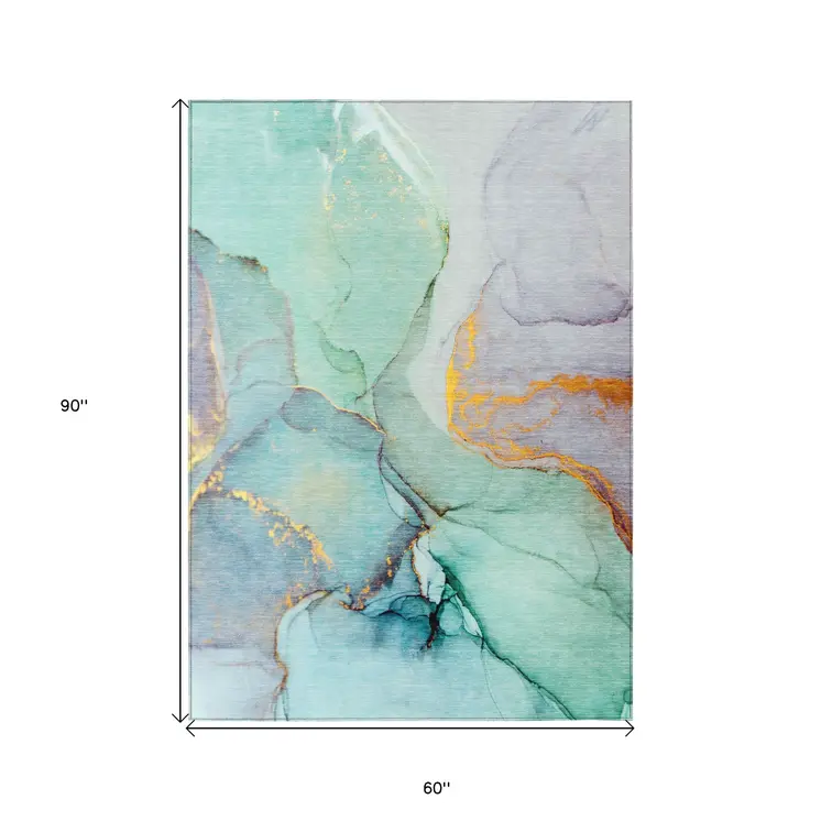 5' X 8' Teal Abstract Washable Non Skid Indoor Outdoor Area Rug