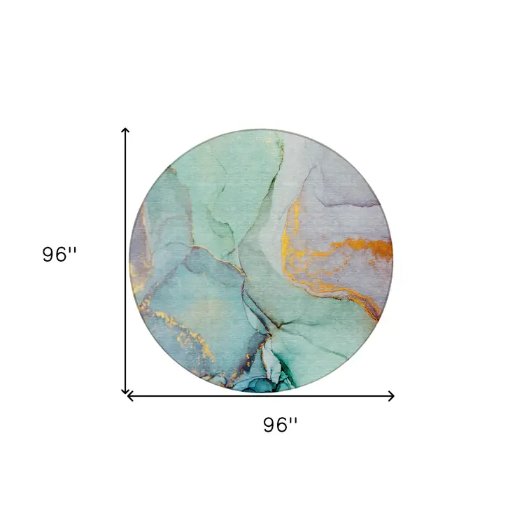 8' Round Teal Round Abstract Washable Non Skid Indoor Outdoor Area Rug