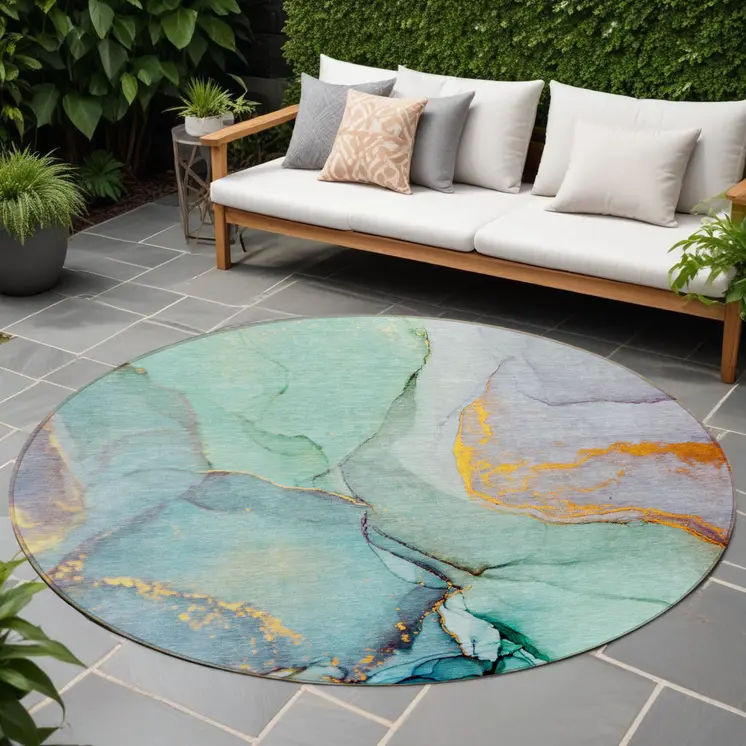 8' Round Teal Round Abstract Washable Non Skid Indoor Outdoor Area Rug