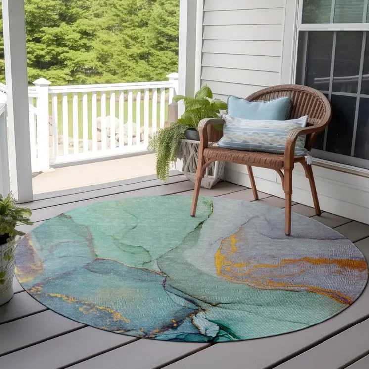 8' Round Teal Round Abstract Washable Non Skid Indoor Outdoor Area Rug