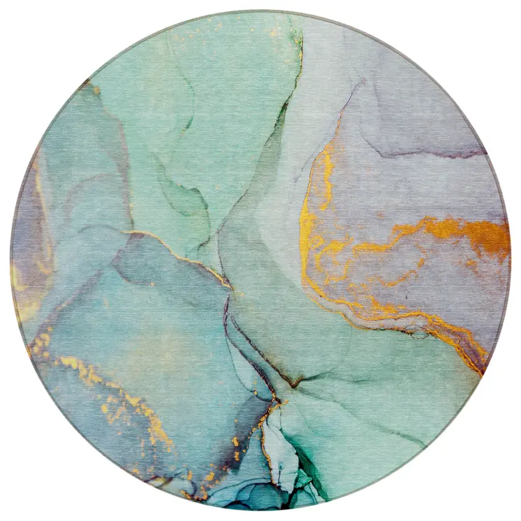 8' Round Teal Round Abstract Washable Non Skid Indoor Outdoor Area Rug