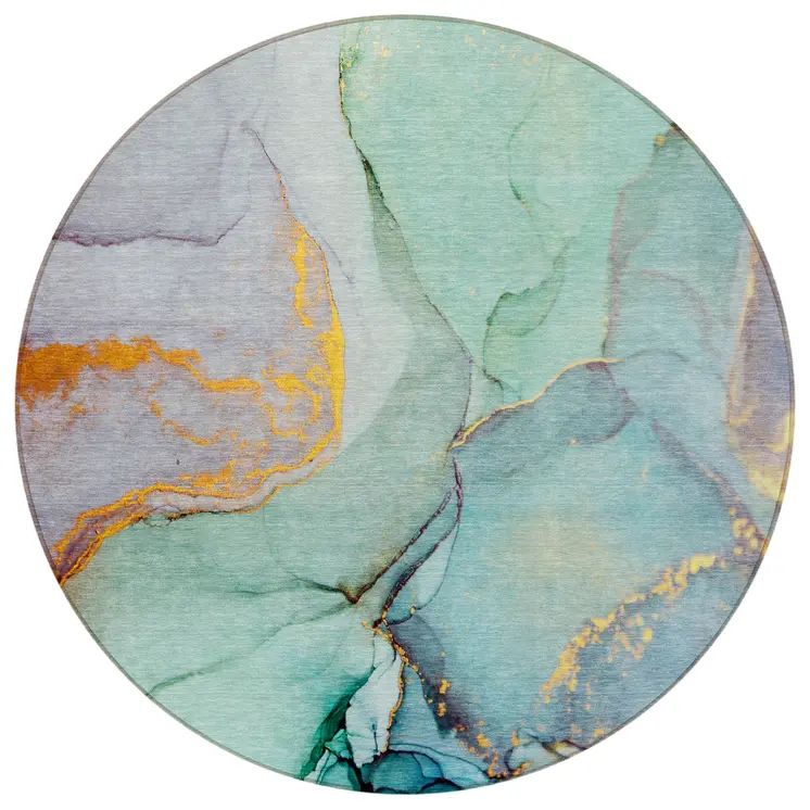 8' Round Teal Round Abstract Washable Non Skid Indoor Outdoor Area Rug
