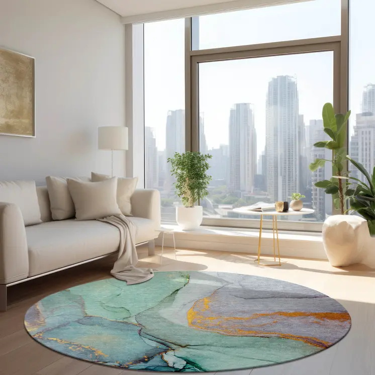 8' Round Teal Round Abstract Washable Non Skid Indoor Outdoor Area Rug