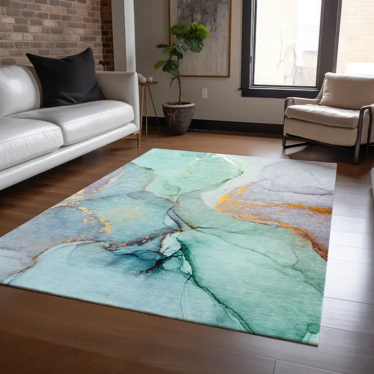 9' X 12' Teal Abstract Washable Non Skid Indoor Outdoor Area Rug