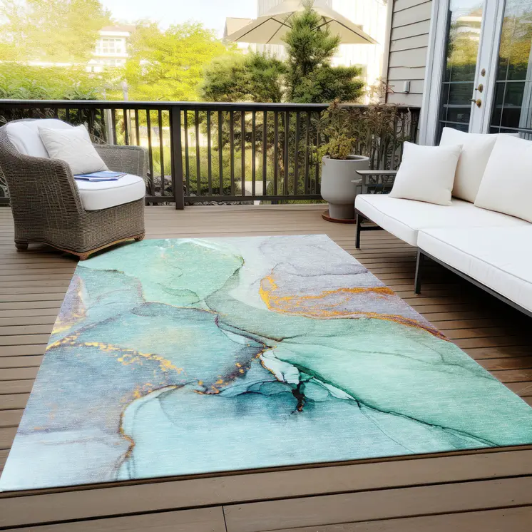 10' X 14' Teal Abstract Washable Non Skid Indoor Outdoor Area Rug