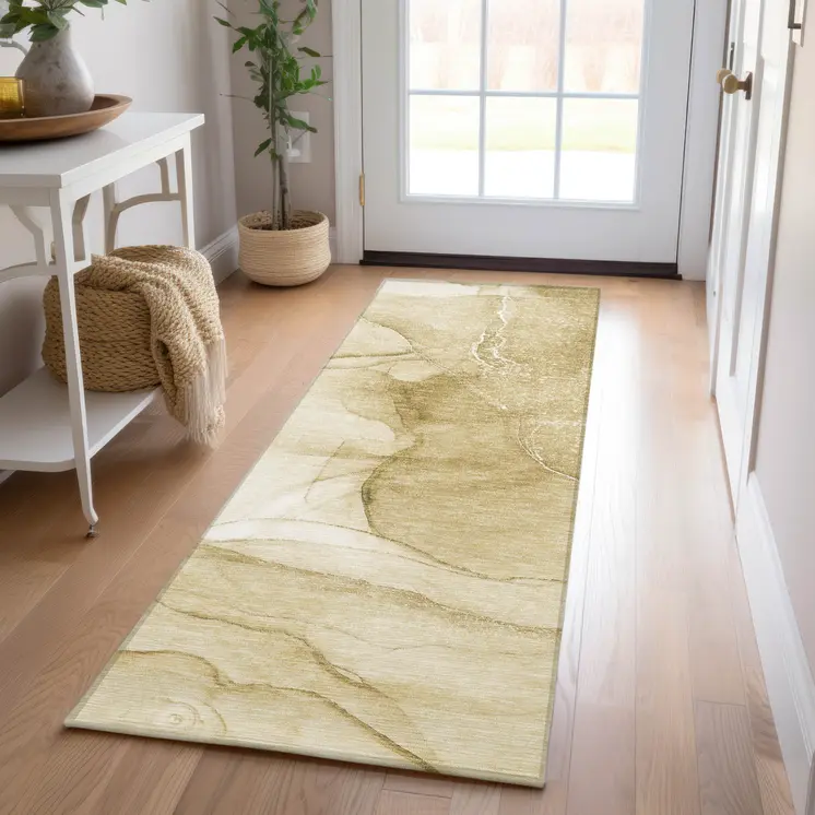 8' Runner Beige Abstract Washable Non Skid Indoor Outdoor Runner Rug