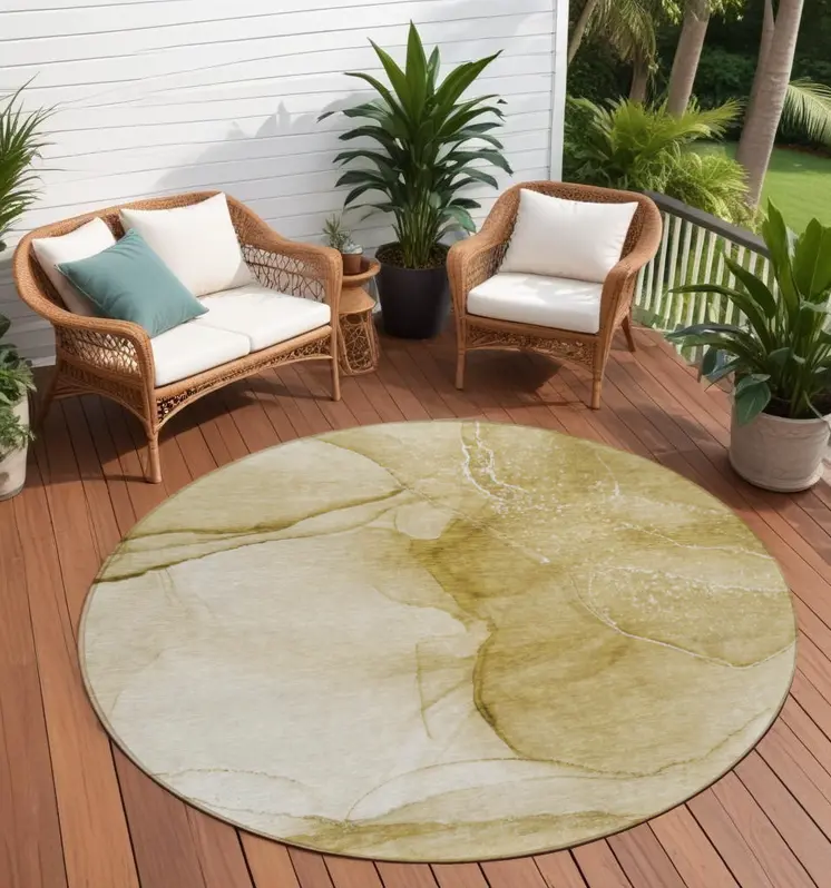 8' Beige Round Abstract Washable Indoor Outdoor Area Rug