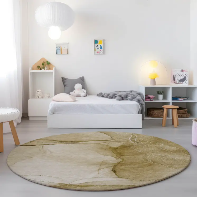 8' Beige Round Abstract Washable Indoor Outdoor Area Rug