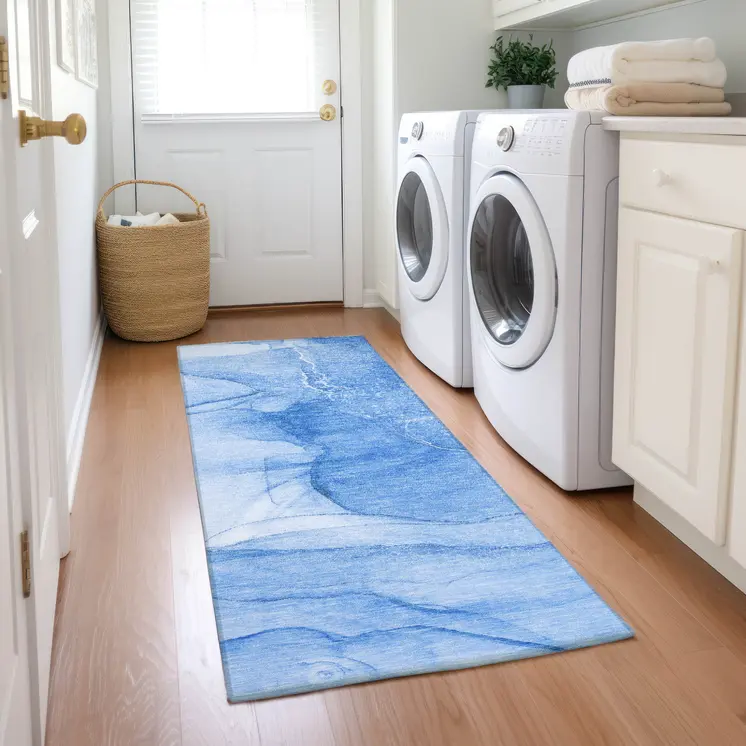 8' Blue Abstract Washable Indoor Outdoor Runner Rug