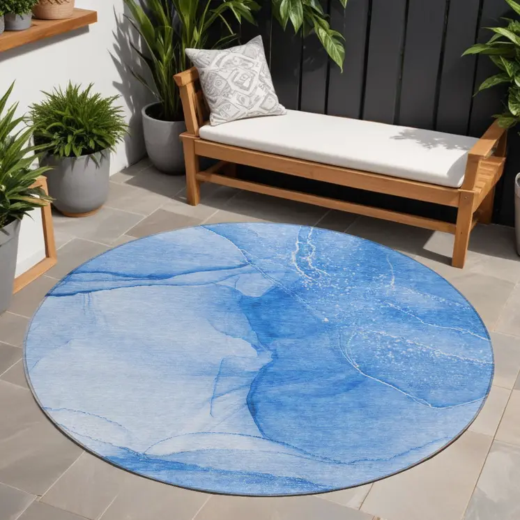 8' Blue Round Abstract Washable Indoor Outdoor Area Rug