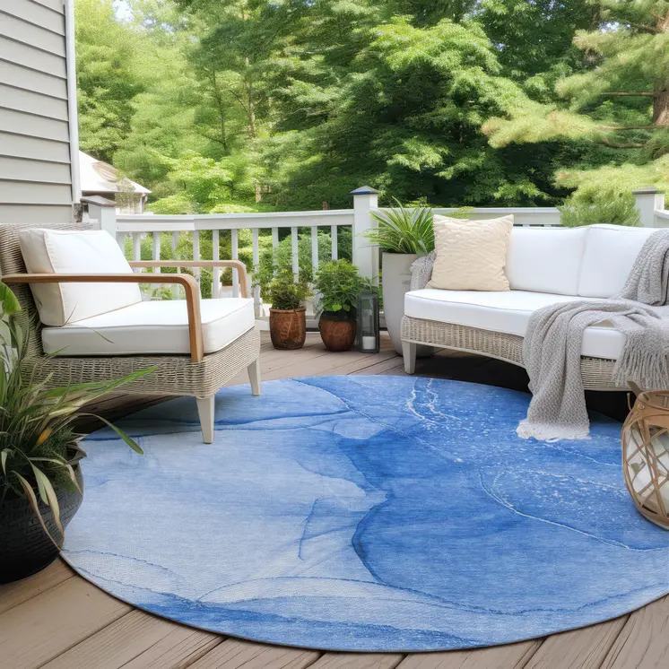 8' Blue Round Abstract Washable Indoor Outdoor Area Rug
