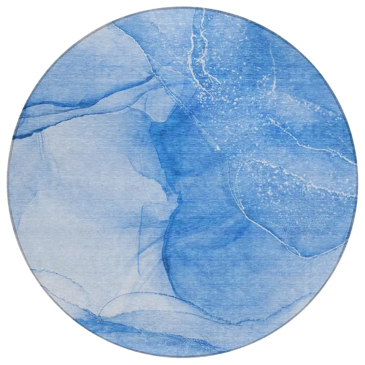 8' Blue Round Abstract Washable Indoor Outdoor Area Rug