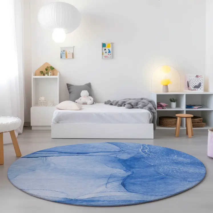8' Blue Round Abstract Washable Indoor Outdoor Area Rug